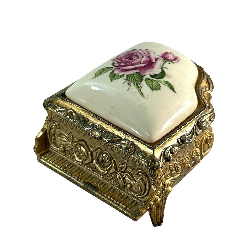 Vintage Miniature Grand Piano Trinket Box Porcelain Rose Red Velvet Gold Tone